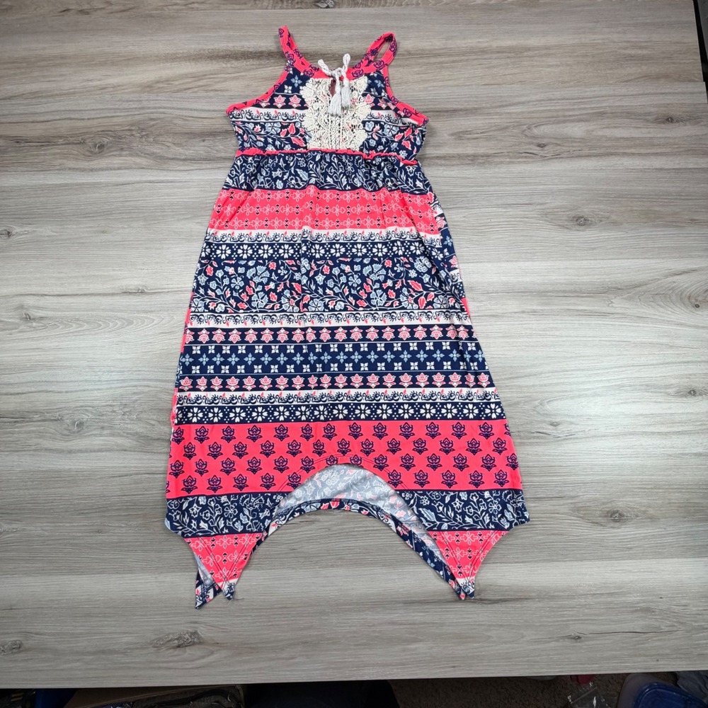 One Step Up Girls Navy Pink Floral Crochet Lace Tassel Handkerchief Dress S 7/8
